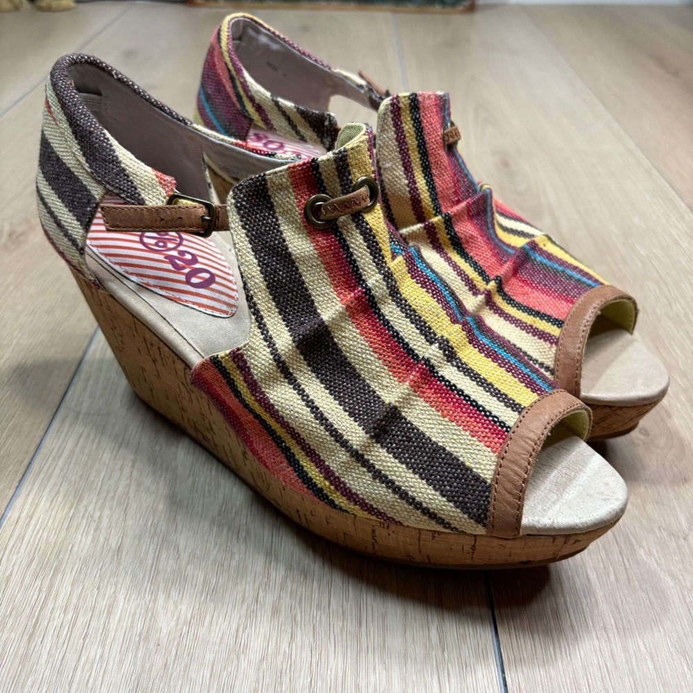 80%20 Striped Fabric Cork Wedge Sandals Peep Toe Boho Sz 9 Anthropologie NEW